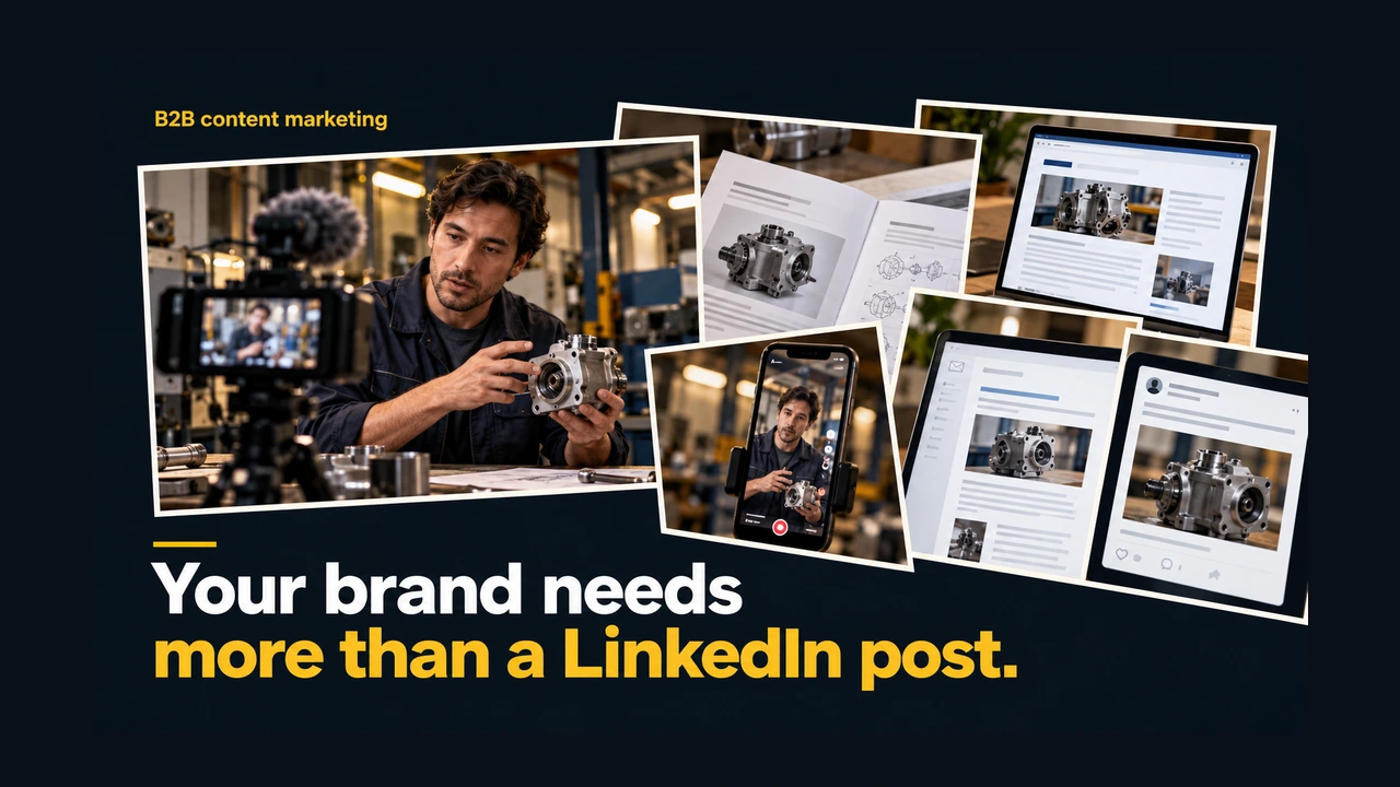 Editorial collage showing one technical product explanation across a filmed demonstration, article, newsletter and social formats