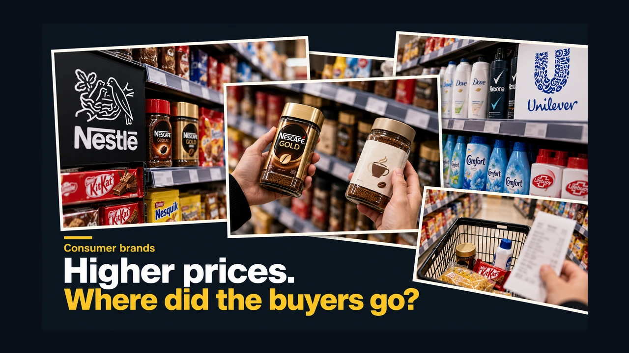 Editorial collage of consumer brands, supermarket shelves and a shopper comparing branded coffee with a generic alternative