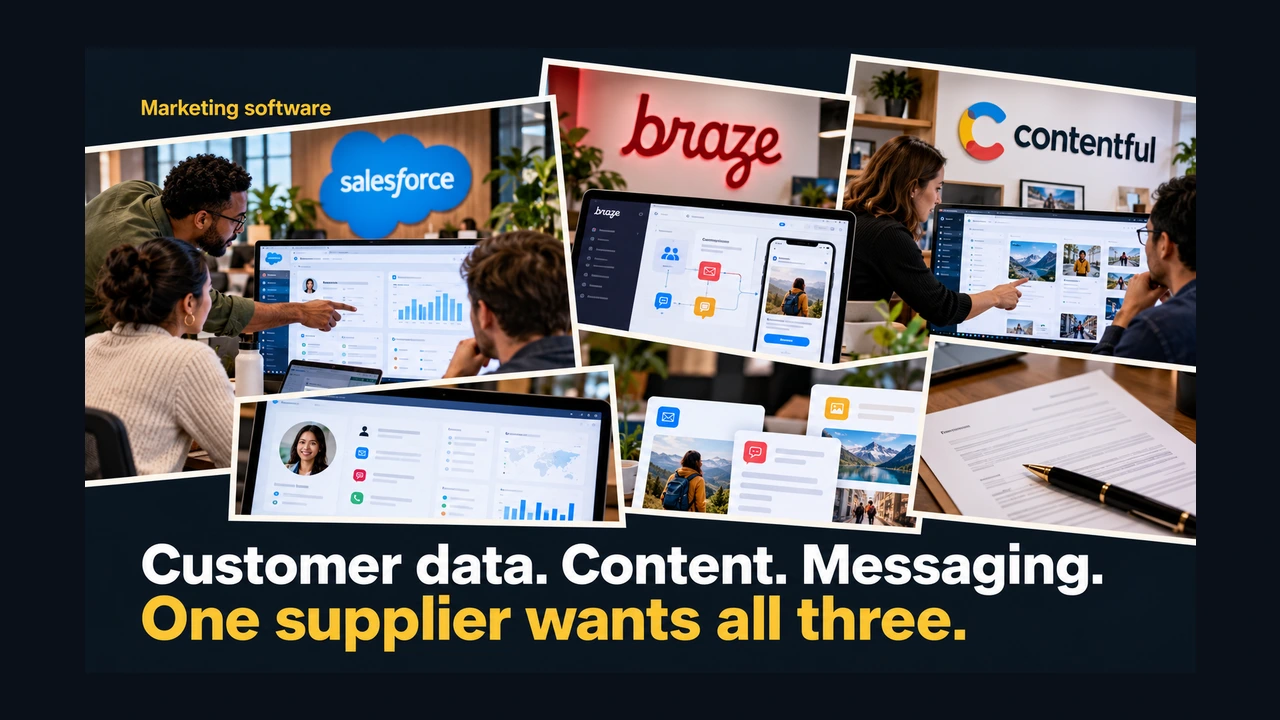 Editorial collage of Salesforce, Braze and Contentful identities with customer data, content, messaging and software purchasing work