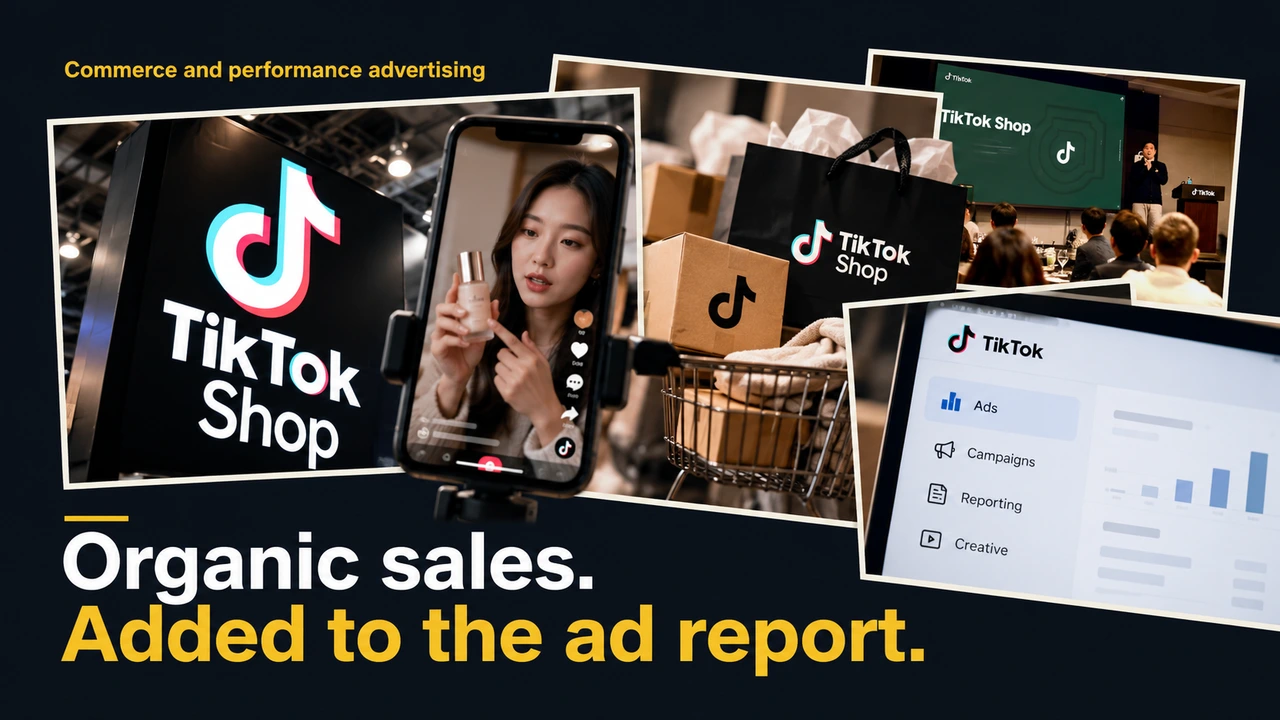 Editorial collage of TikTok Shop, creator commerce, purchases and advertising reporting